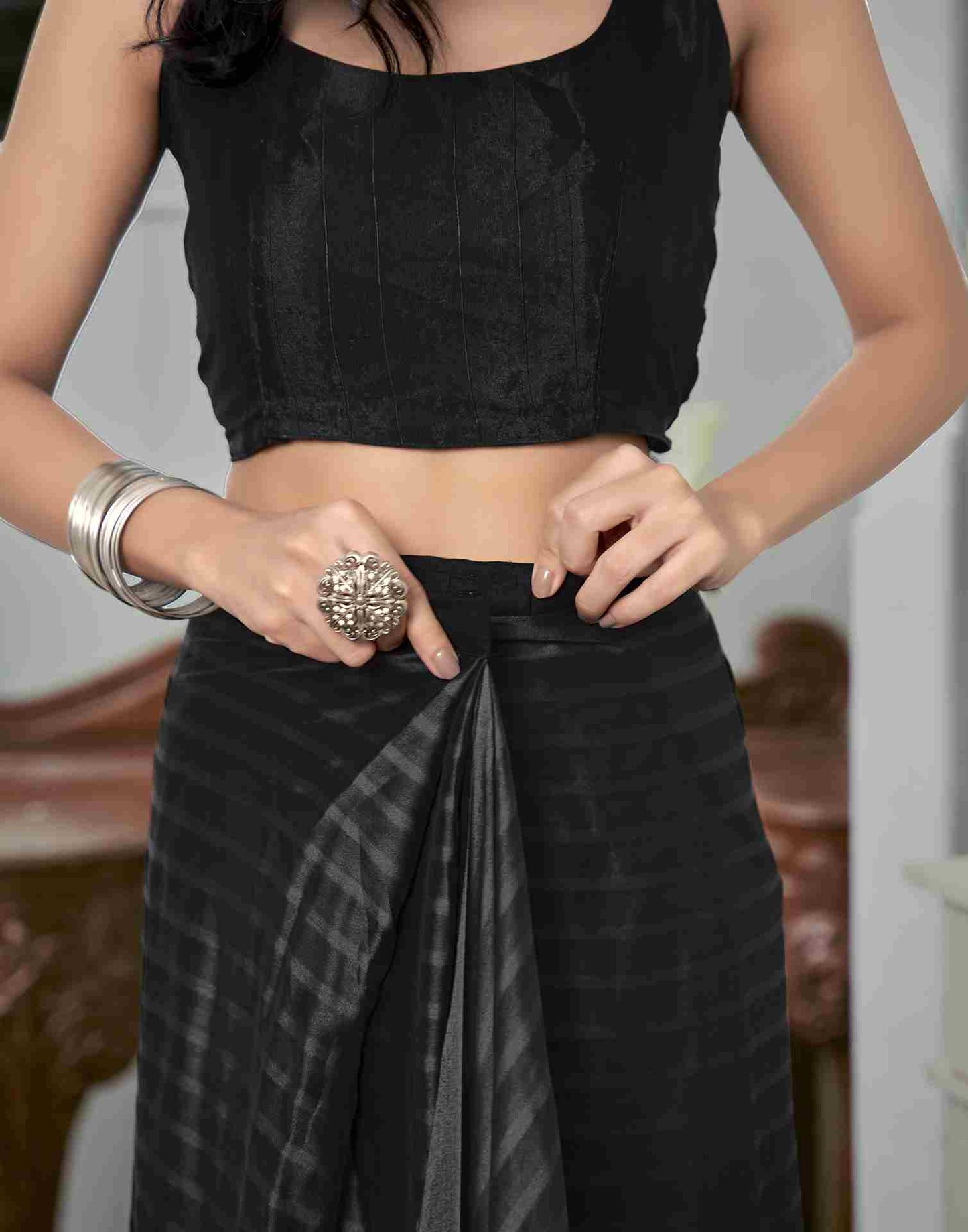 Ready To Wear Black Georgette Plain Saree