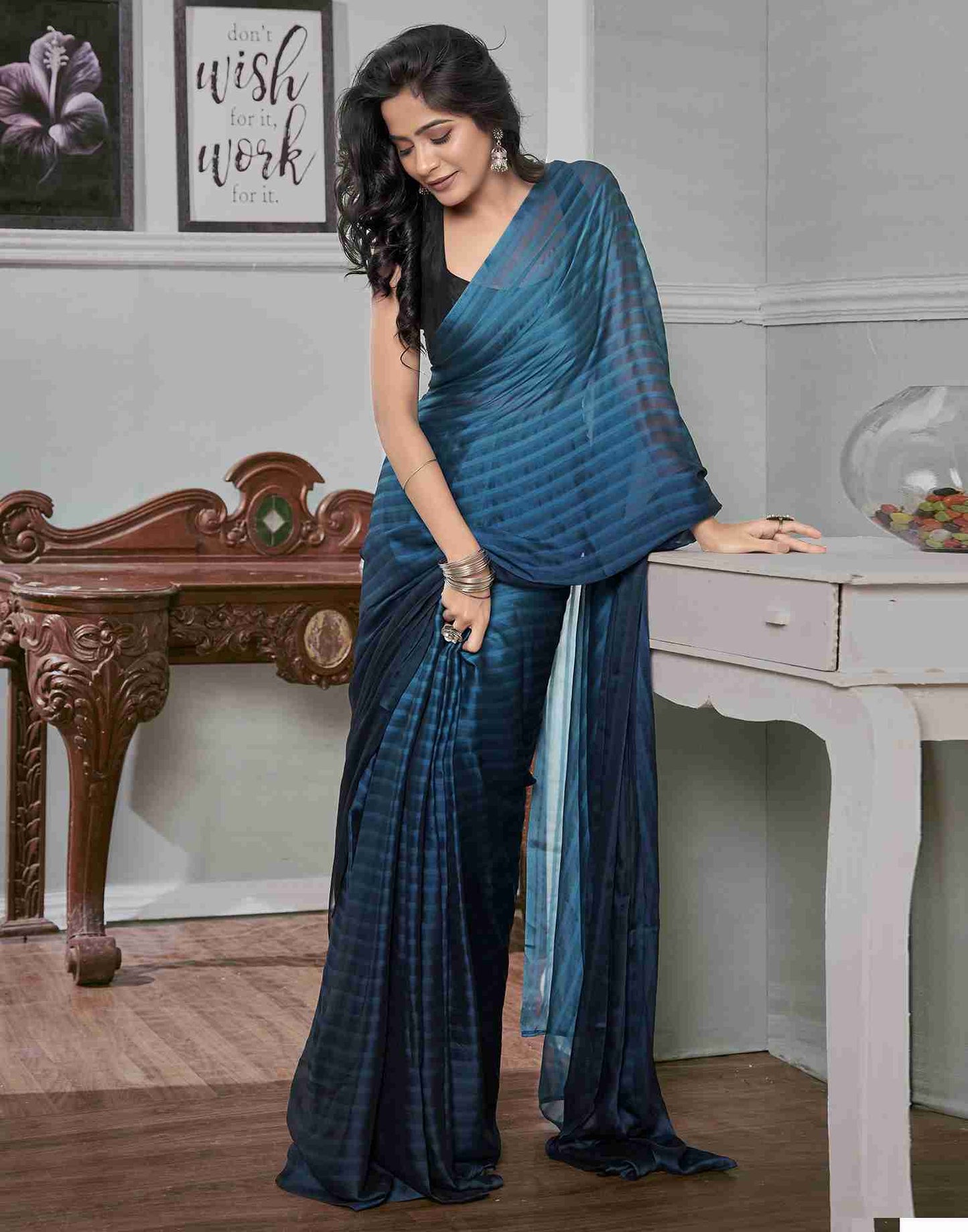 Ready To Wear Sea Blue Georgette Plain Saree