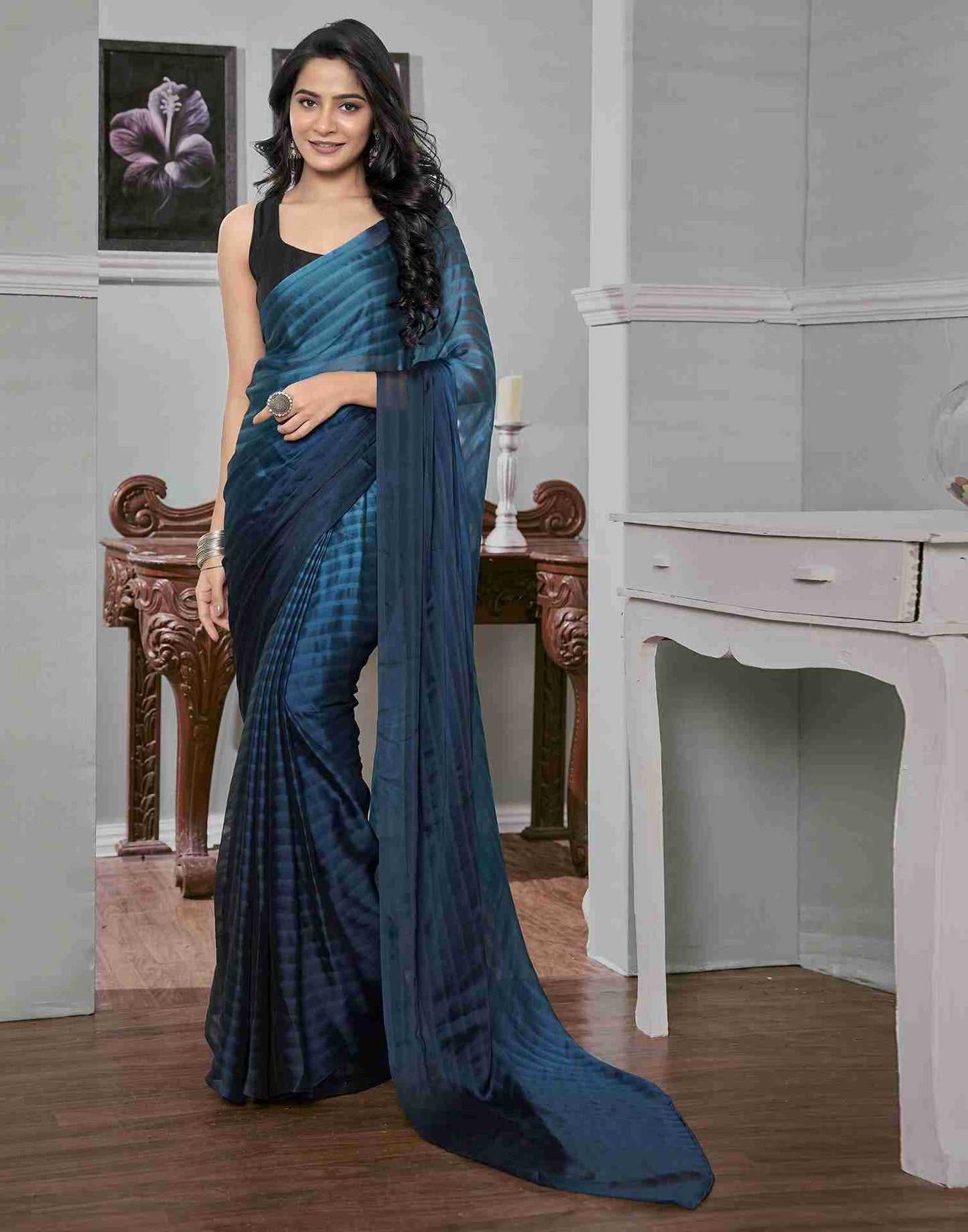 Ready To Wear Sea Blue Georgette Plain Saree