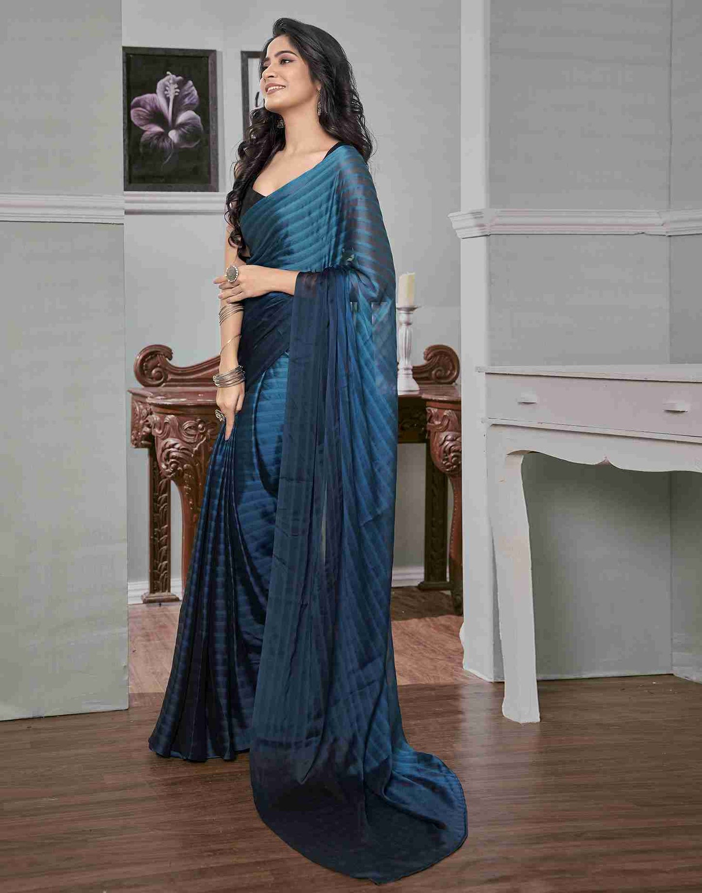 Ready To Wear Sea Blue Georgette Plain Saree
