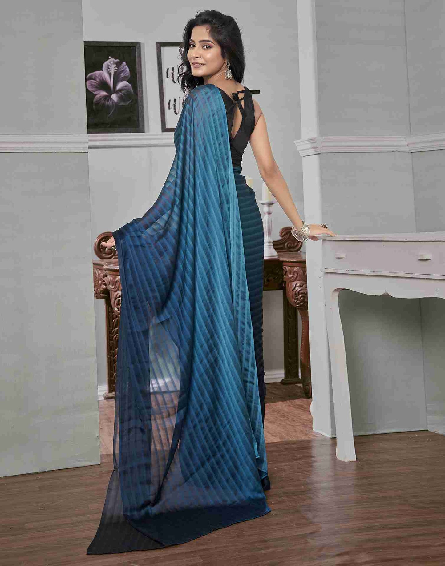 Ready To Wear Sea Blue Georgette Plain Saree