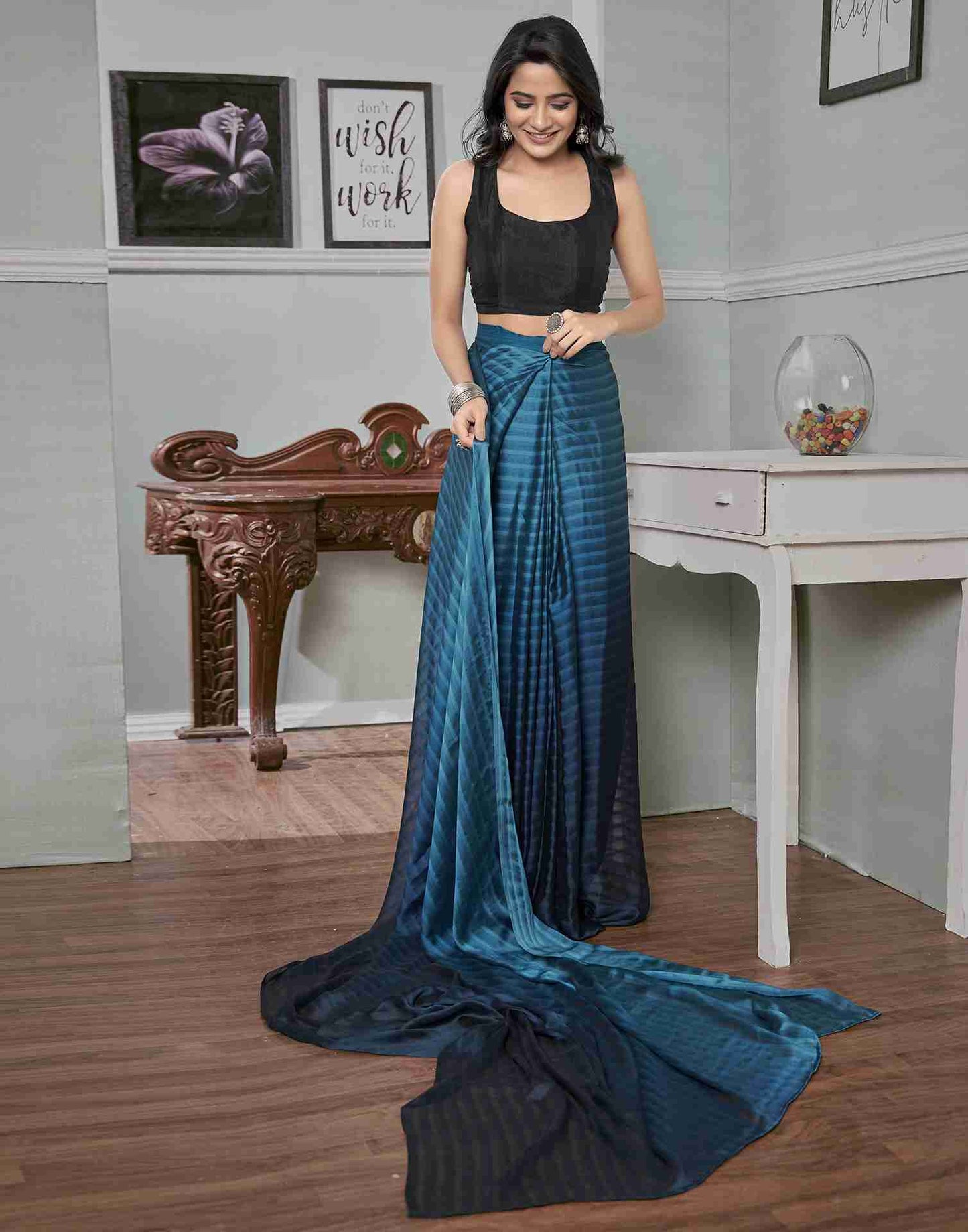 Ready To Wear Sea Blue Georgette Plain Saree