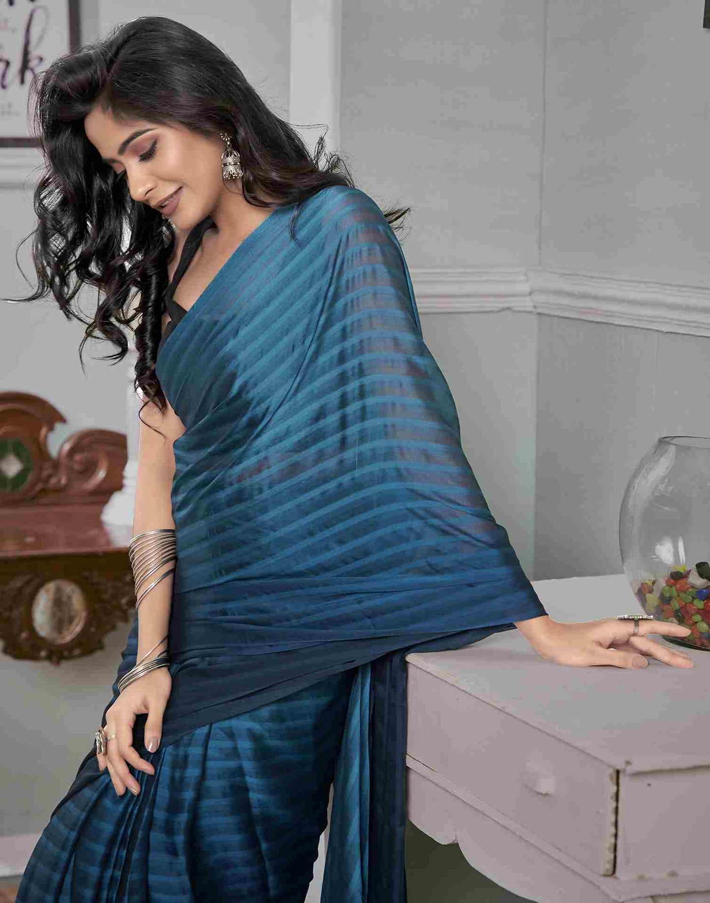 Ready To Wear Sea Blue Georgette Plain Saree