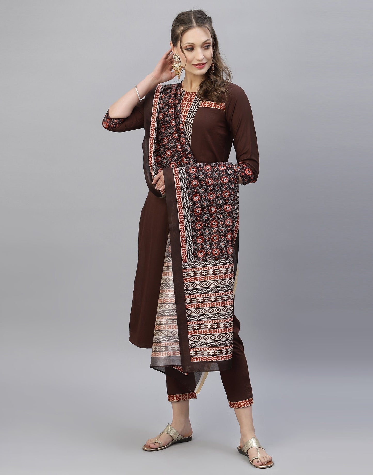 Brown Kurti With Pant And Dupatta | Leemboodi