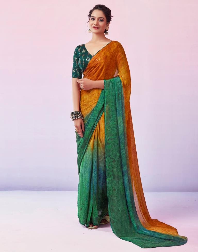 Ready to Wear Turmeric Yellow Chiffon Printed Saree