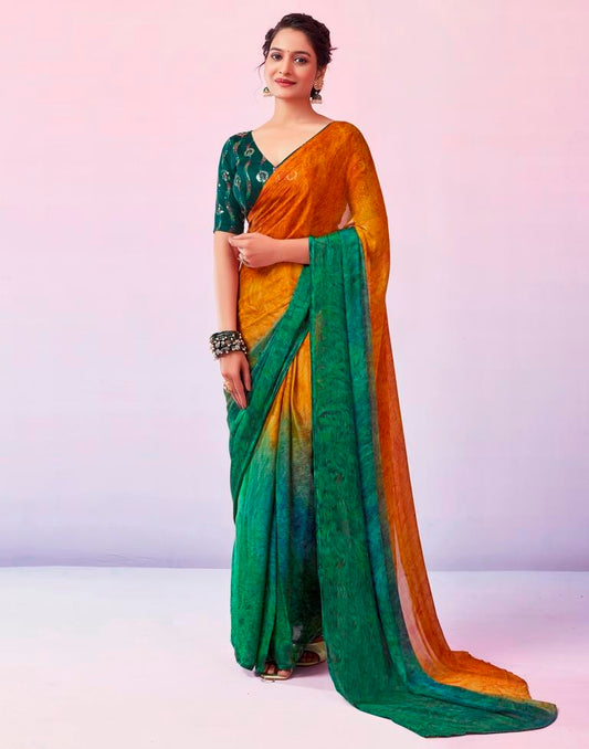 Ready to Wear Turmeric Yellow Chiffon Printed Saree