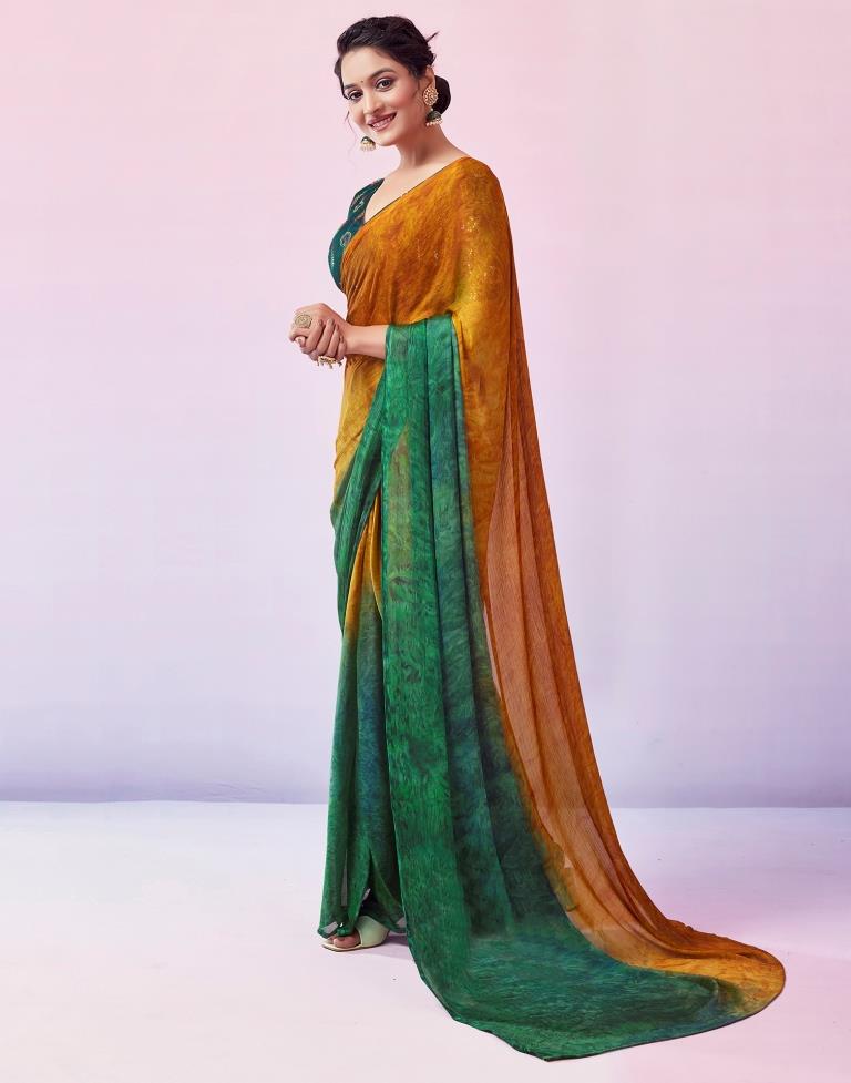 Ready to Wear Turmeric Yellow Chiffon Printed Saree