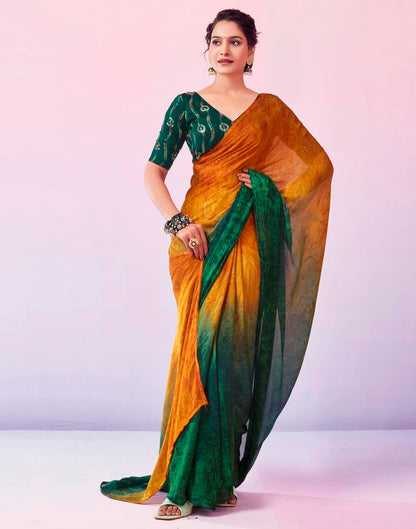 Ready to Wear Turmeric Yellow Chiffon Printed Saree