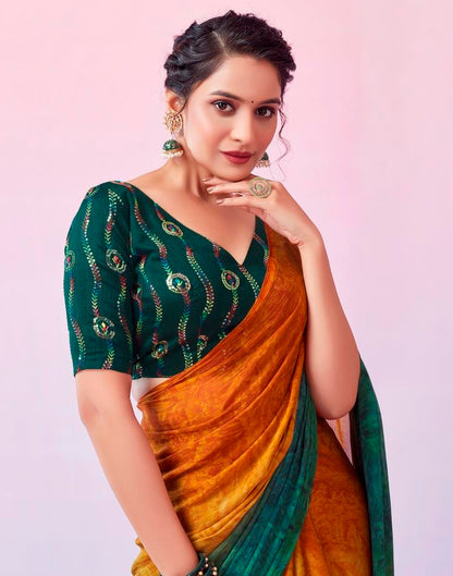 Ready to Wear Turmeric Yellow Chiffon Printed Saree