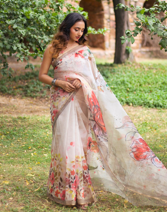 Beige Organza Printed Saree