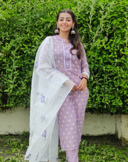 Lavender Printed Kurti With Pant And Dupatta | Leemboodi