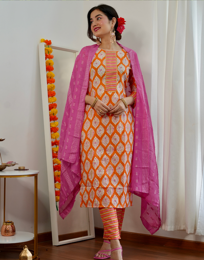 Light Orange Cotton Printed Straight Kurta With Pant And Dupatta