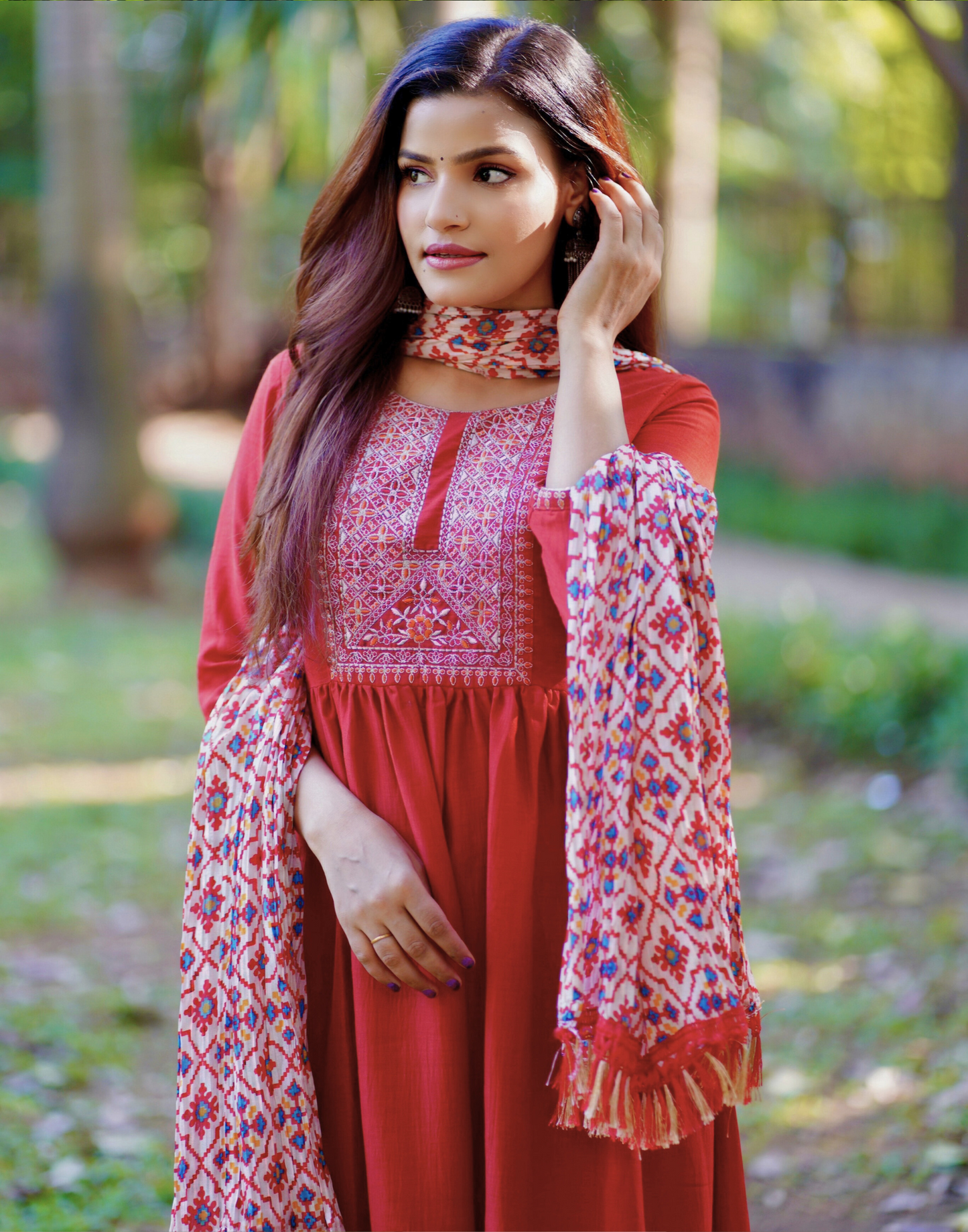 Orange Embroidery Flared Kurta With Pant And Dupatta