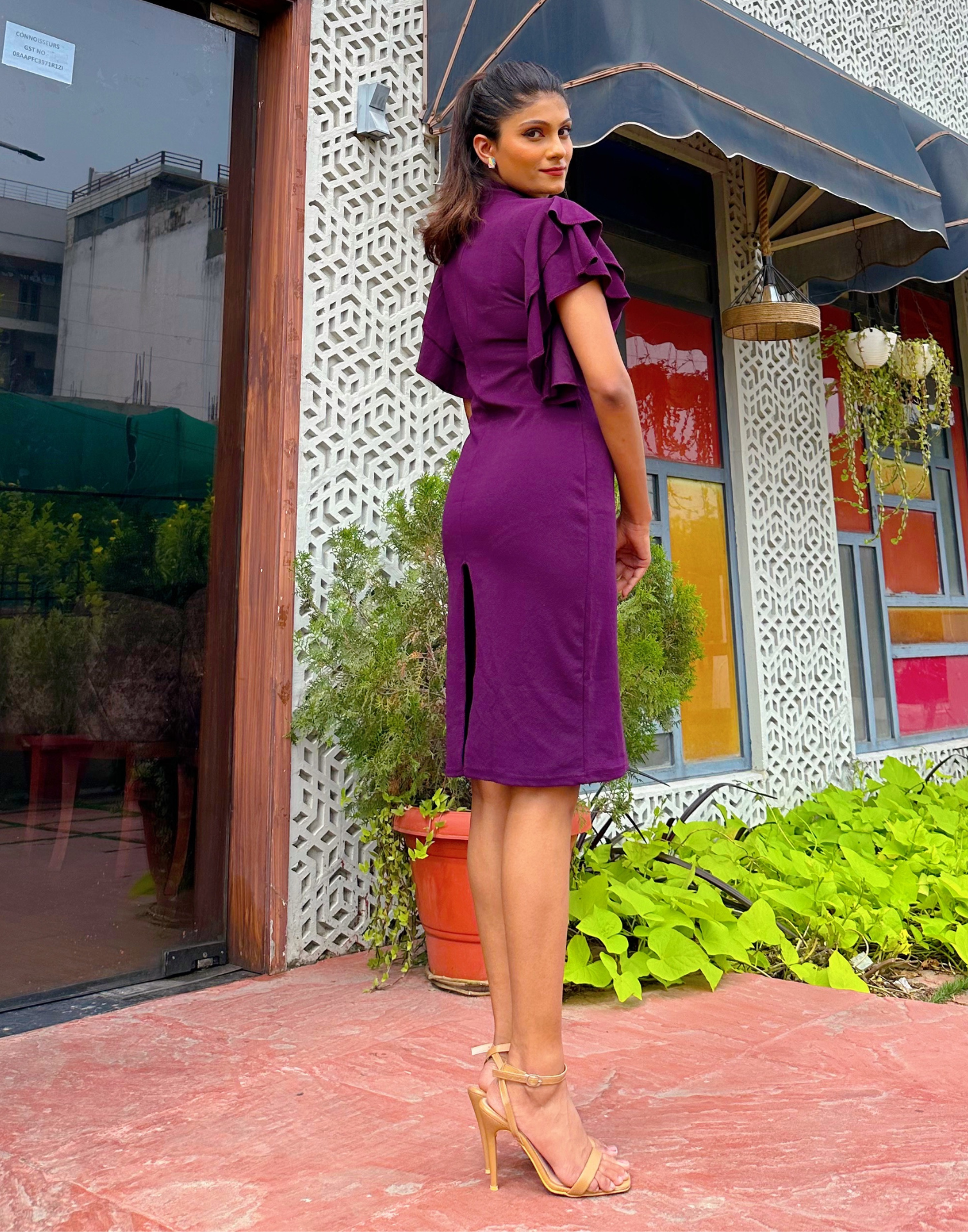 Wine Ruffled Pencil Bodycon | Sudathi