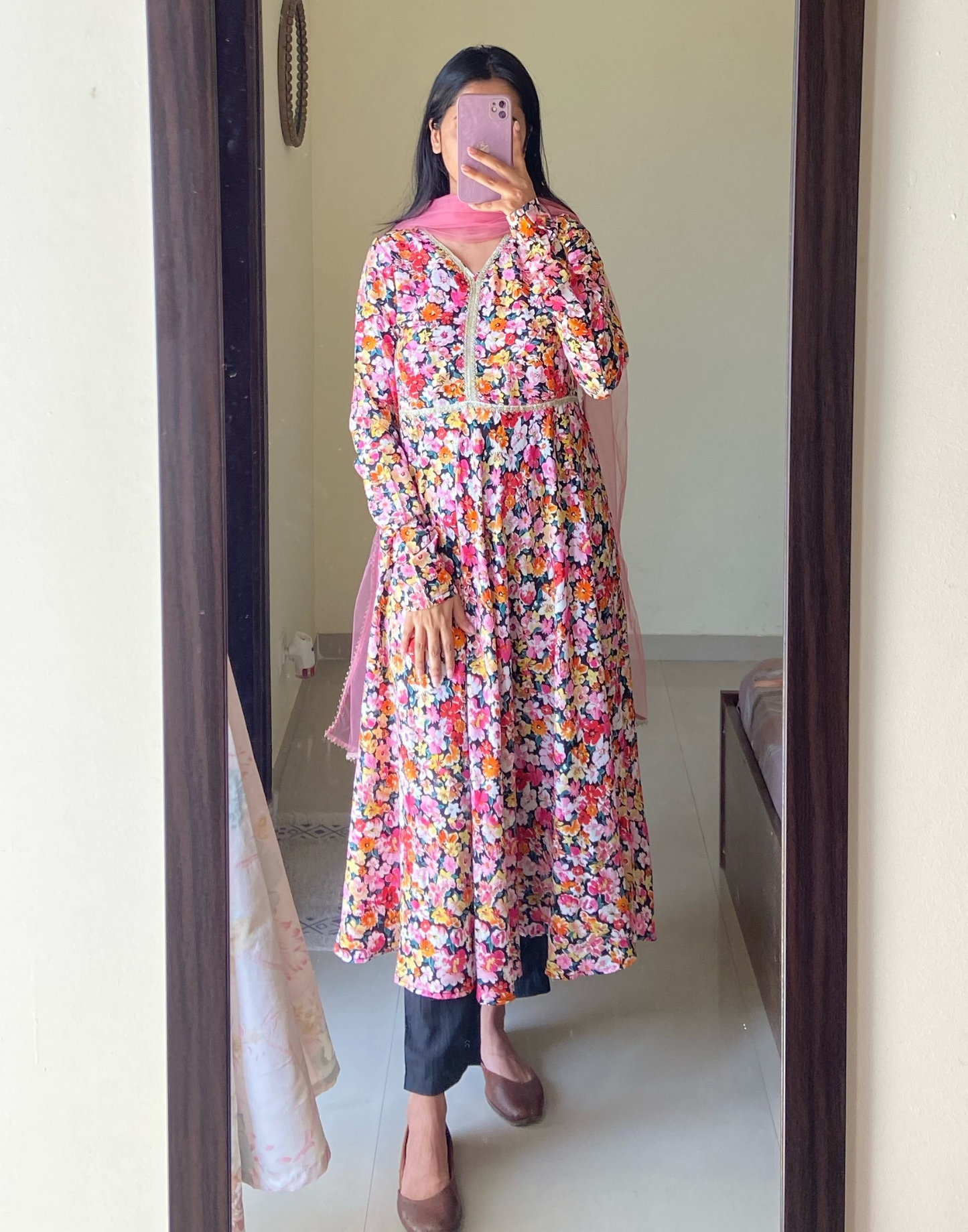 Multicoloured Printed Flared Kurta Kurti With Pant And Dupatta