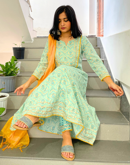 Sky Blue Printed Kurta with Pant and Dupatta | Leemboodi