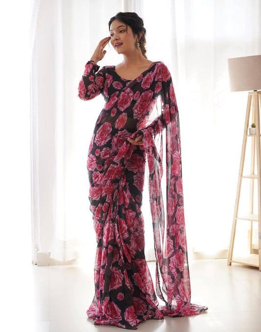 Ready to Wear Black & Pink Georgette Printed Saree