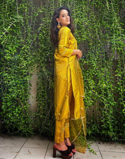 Mustard Yellow Sequence Straight Kurti With Pant And Dupatta | Leemboodi