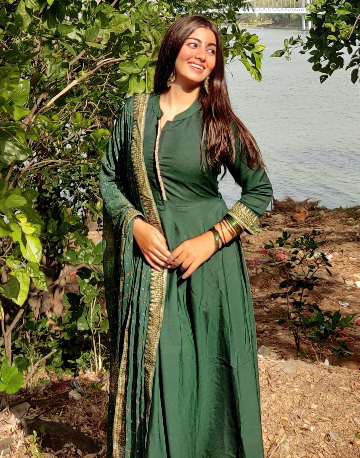 Green Printed A-Line Kurti With Pant And Dupatta | Leemboodi