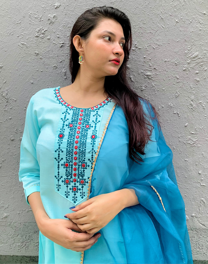 Light Blue Cotton Embroidery Straight Kurta With Pant And Dupatta
