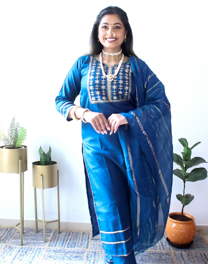 Navy Blue Embroidery Straight Kurti With Pant And Dupatta