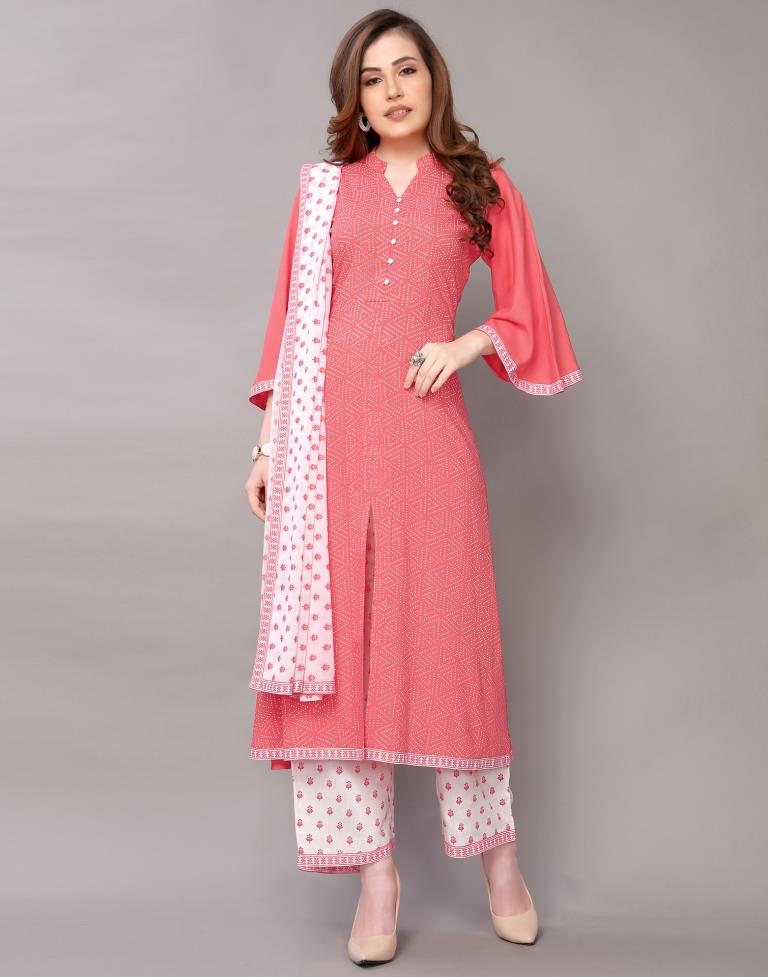 Coral Pink Khadi Printed Kurti with Pant And Dupatta | Leemboodi