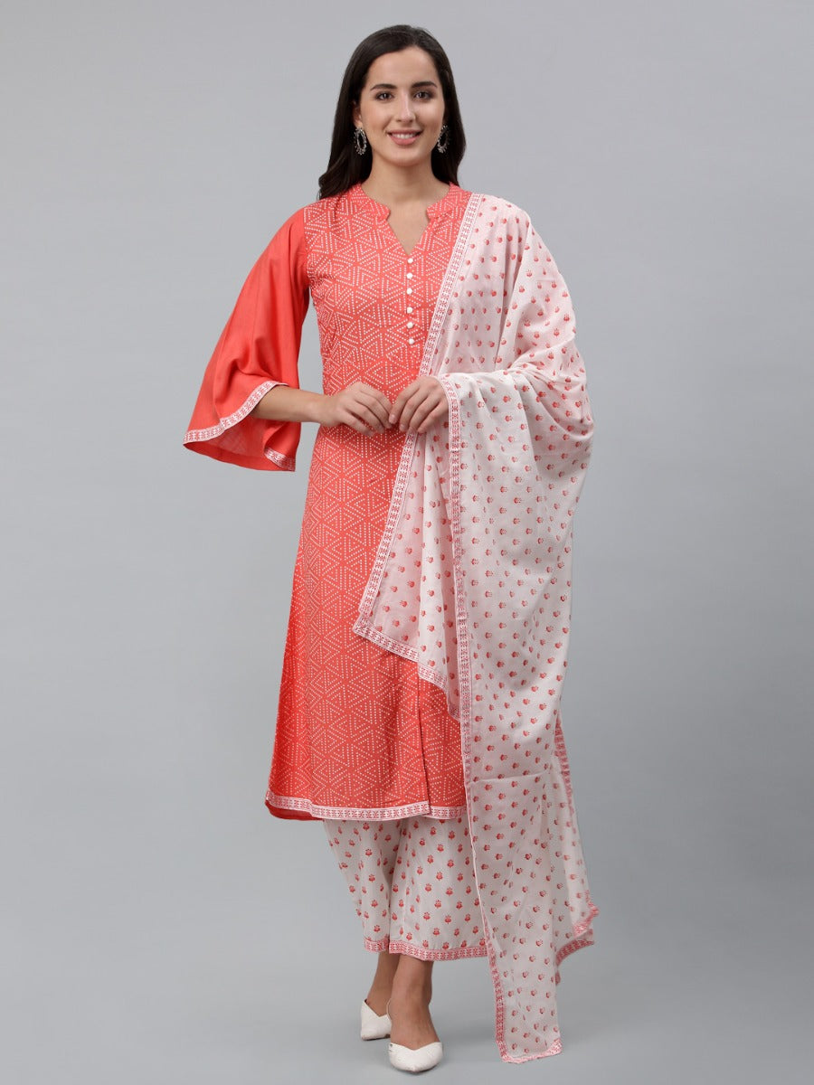 Coral Pink Khadi Printed Kurti with Pant And Dupatta | Leemboodi