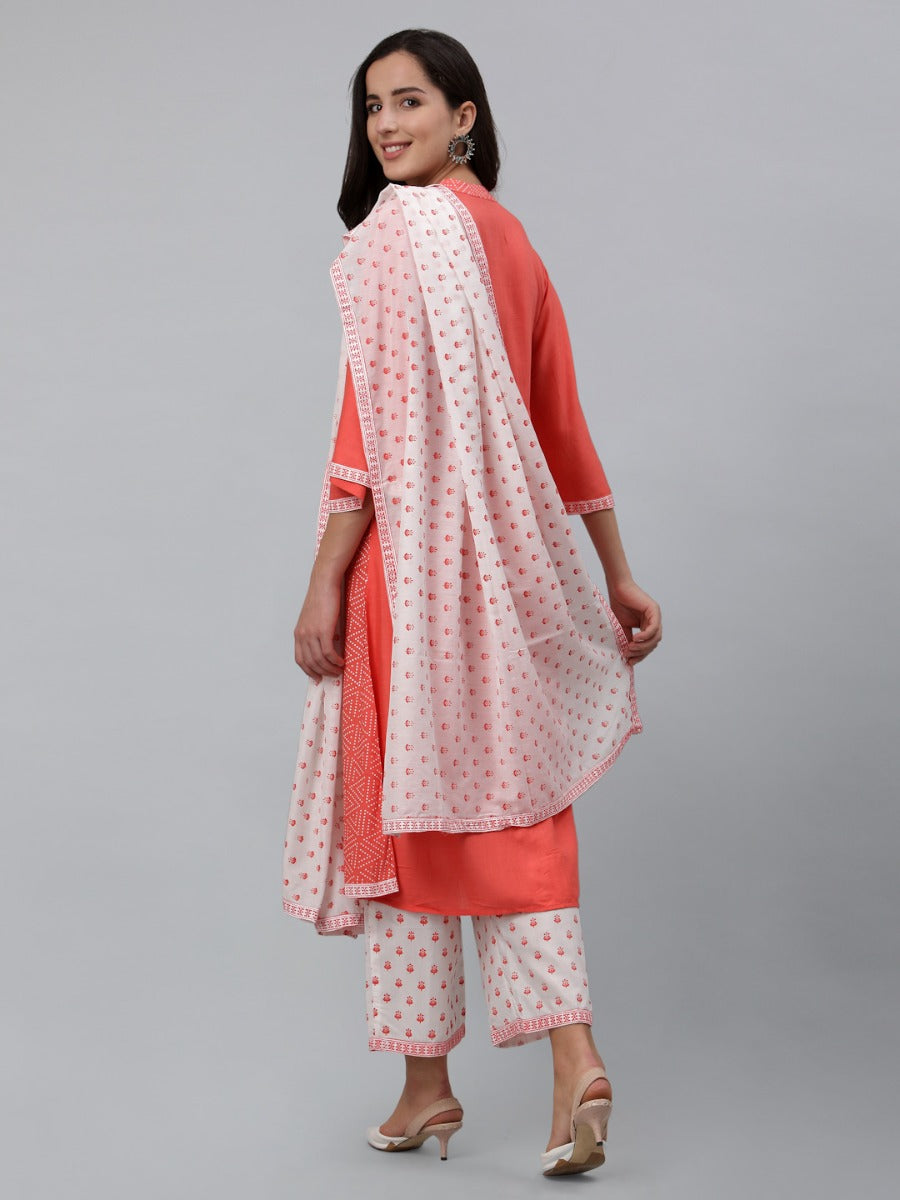 Coral Pink Khadi Printed Kurti with Pant And Dupatta | Leemboodi