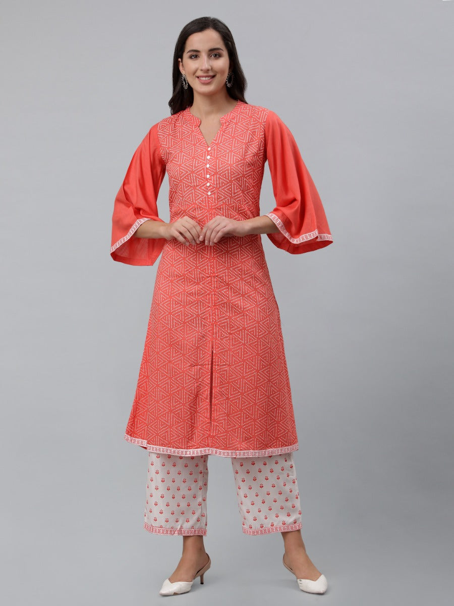 Coral Pink Khadi Printed Kurti with Pant And Dupatta | Leemboodi