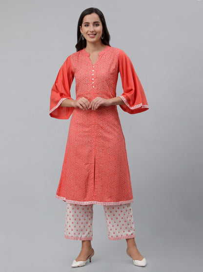 Coral Pink Khadi Printed Kurti with Pant And Dupatta | Leemboodi