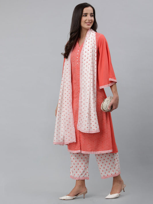 Coral Pink Khadi Printed Kurti with Pant And Dupatta | Leemboodi