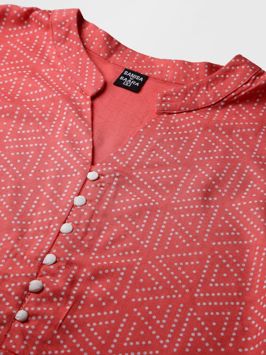 Coral Pink Khadi Printed Kurti with Pant And Dupatta | Leemboodi