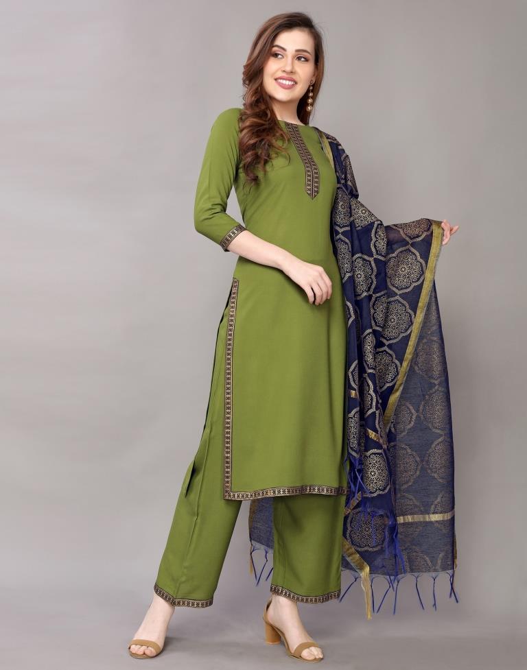 Green Rayon Kurti with Pant And Dupatta | Leemboodi