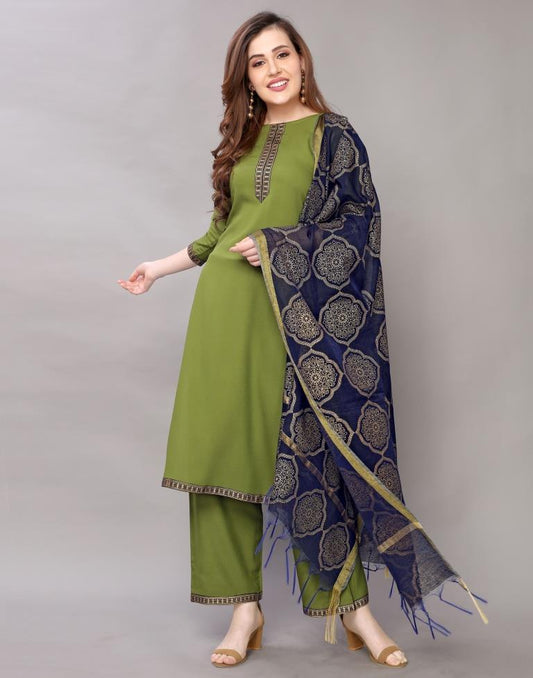 Green Rayon Kurti with Pant And Dupatta | Leemboodi