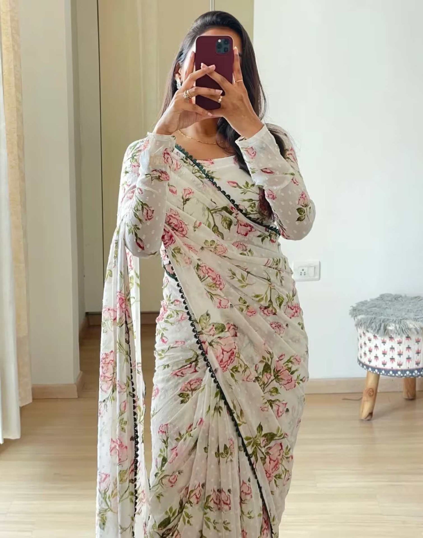 Ready to Wear White Printed Chiffon Saree