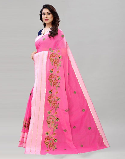 Pink Coloured Poly Cotton Embroidered Partywear saree | Sudathi
