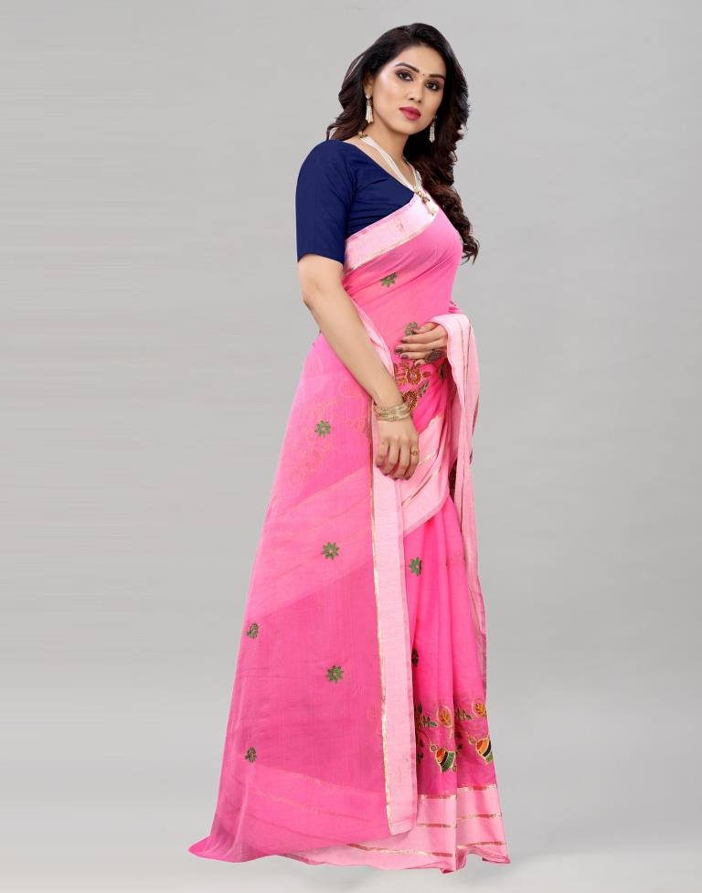 Pink Coloured Poly Cotton Embroidered Partywear saree | Sudathi