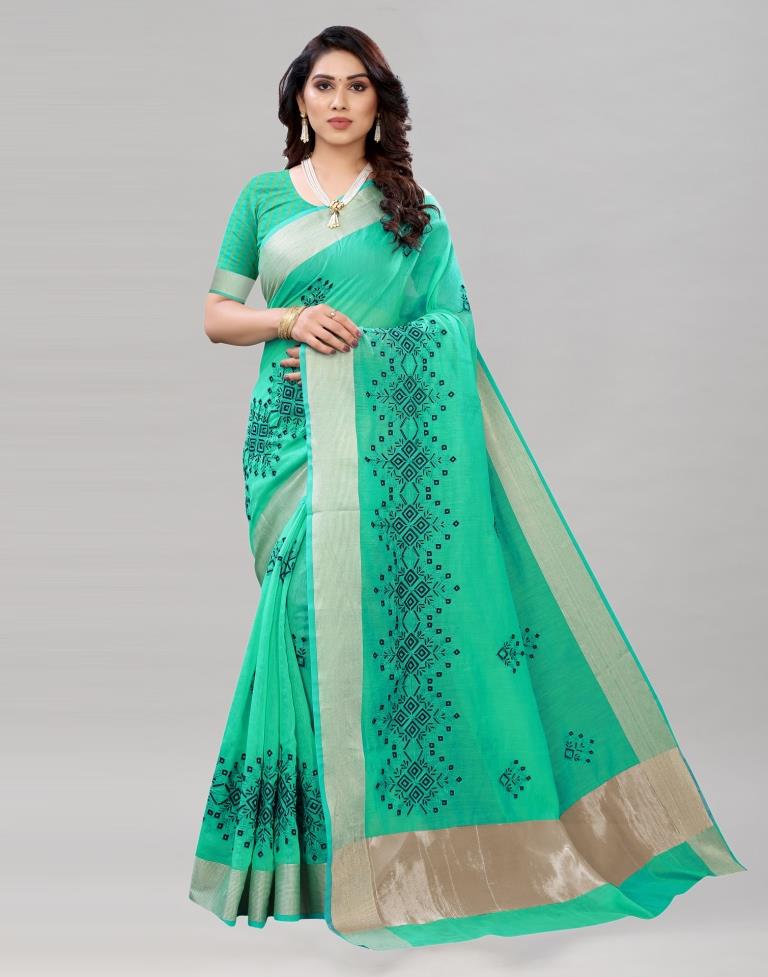 Jungle Green Coloured Poly Cotton Embroidered Partywear saree | Sudathi