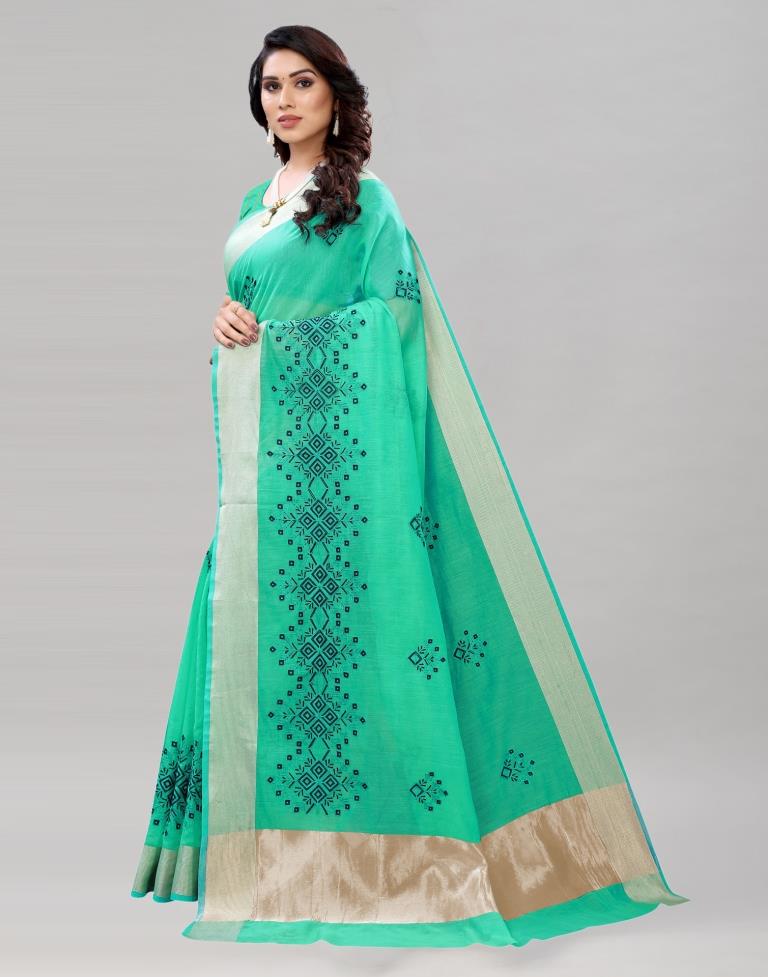 Jungle Green Coloured Poly Cotton Embroidered Partywear saree | Sudathi