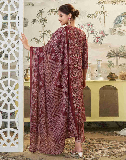 Marron Printed Cotton Straight Kurta Set With Dupatta