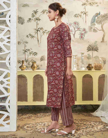 Marron Printed Cotton Straight Kurta Set With Dupatta