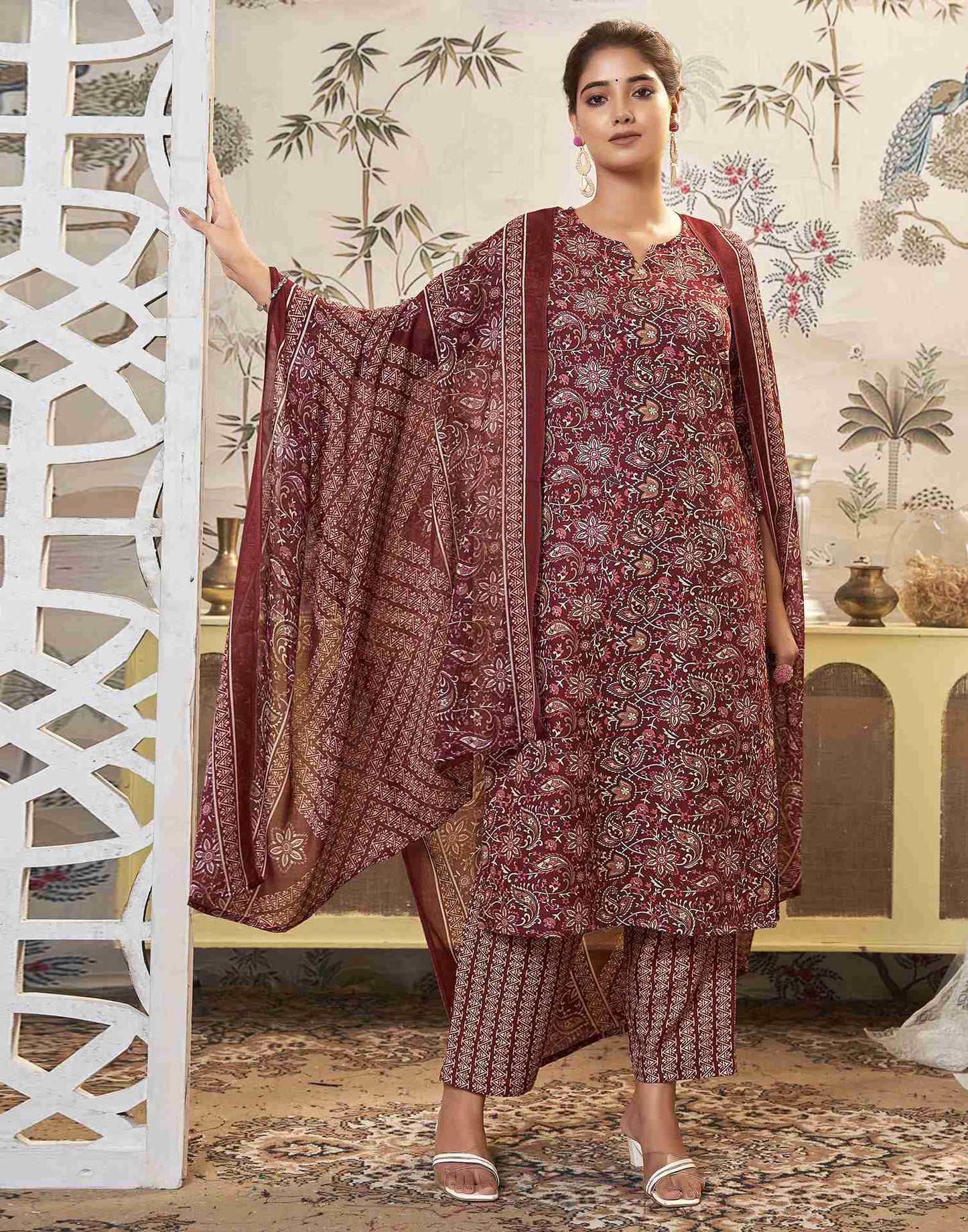 Marron Printed Cotton Straight Kurta Set With Dupatta