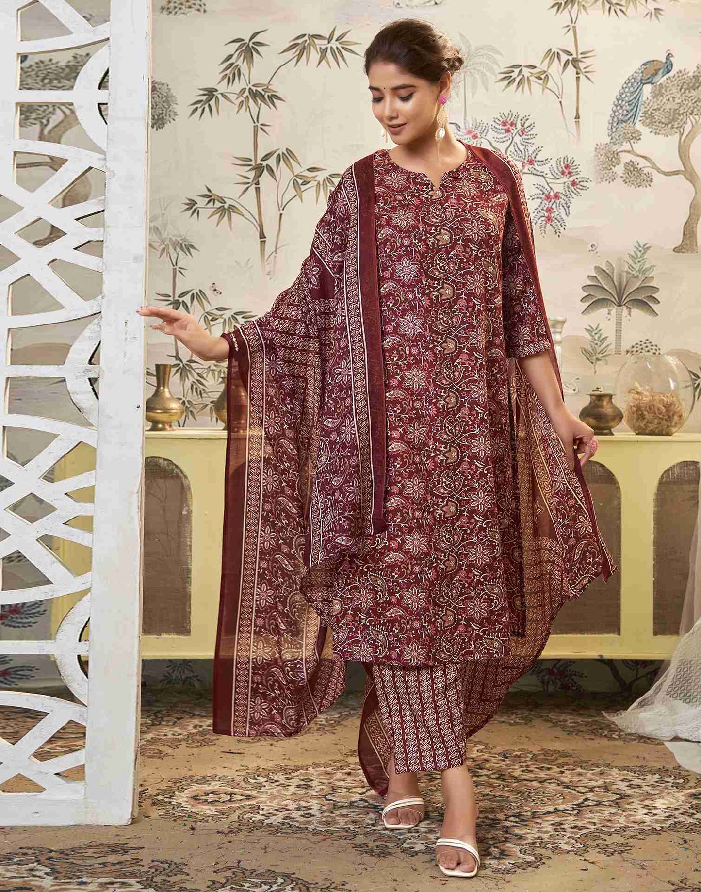 Marron Printed Cotton Straight Kurta Set With Dupatta