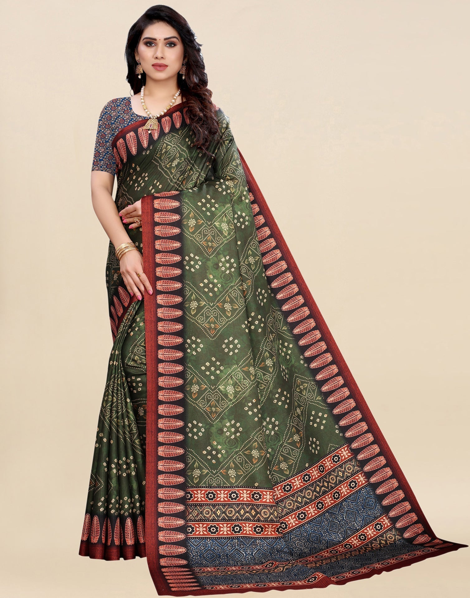 Green Bandhani Printed Saree | Sudathi