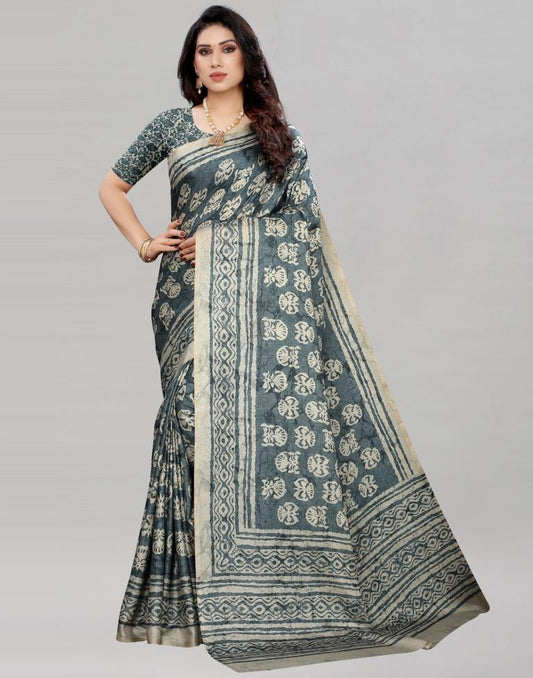Teal Silk Printed Saree | Sudathi