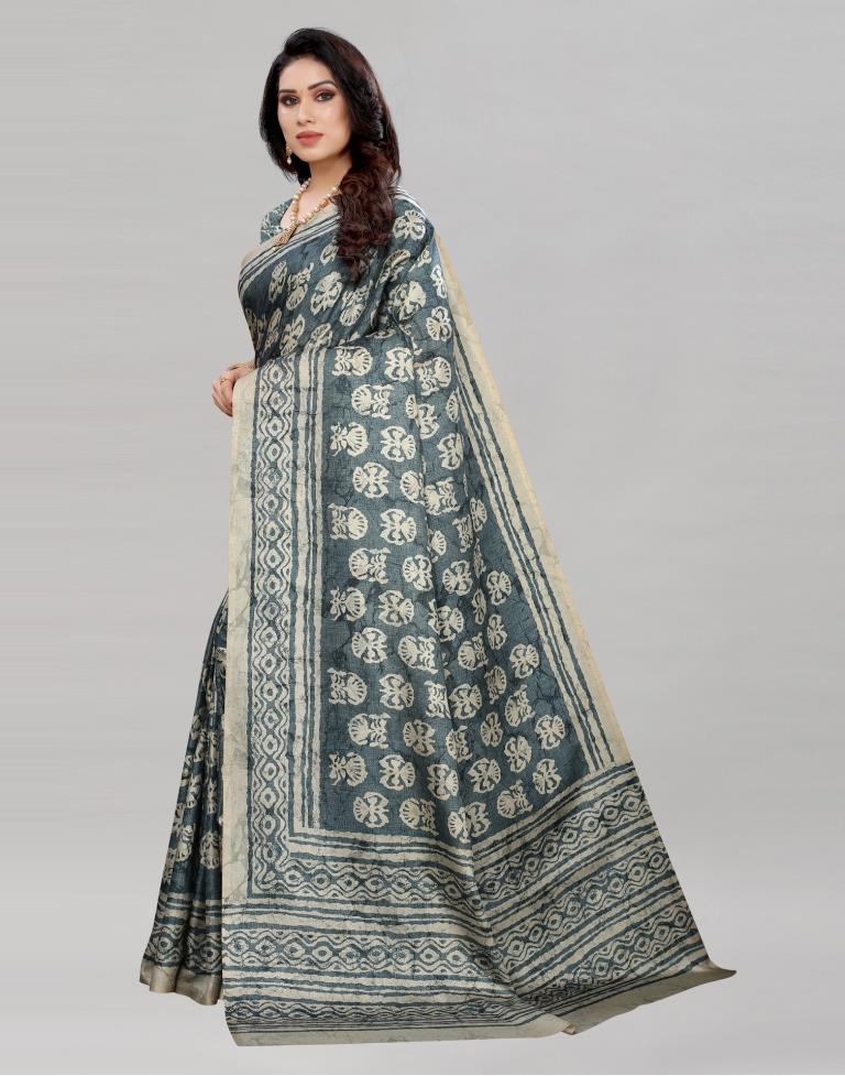 Teal Silk Printed Saree | Sudathi