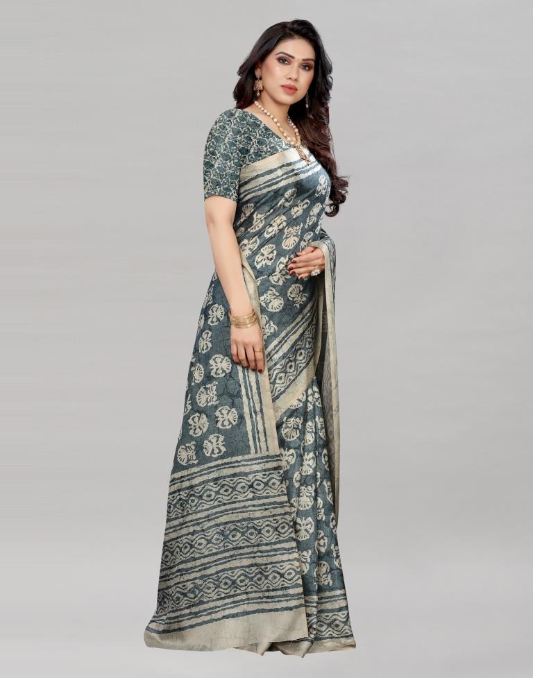 Teal Silk Printed Saree | Sudathi