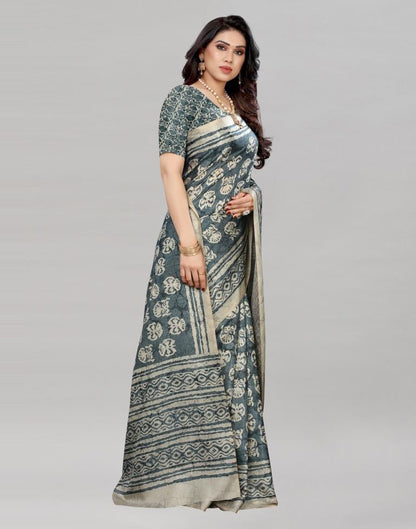 Teal Silk Printed Saree | Sudathi