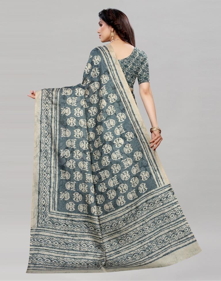 Teal Silk Printed Saree | Sudathi