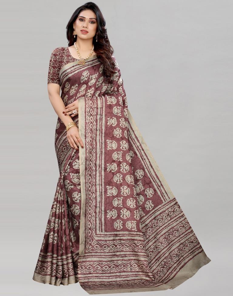 Rose Wood Silk Printed Saree | Sudathi